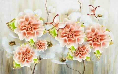 3d illustration, light background, large pink and white decorative flowers Stock Illustration