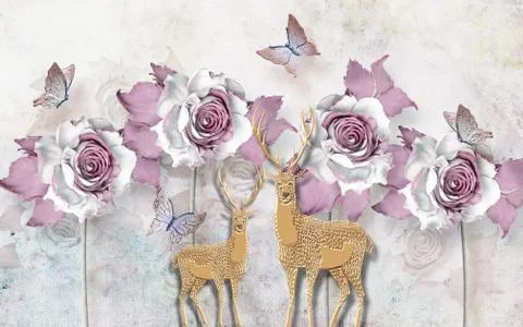 3d illustration, light background, large white-lilac roses, beige paper deers Stock Illustration