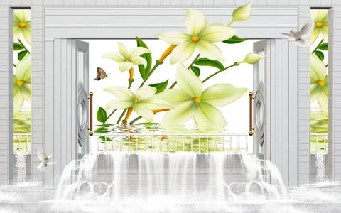 3d illustration, light background, lily, window and waterfall Stock Illustration