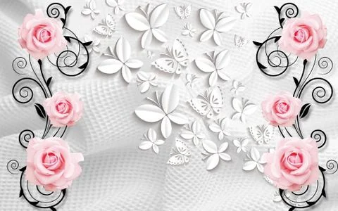 3D illustration, light background with paper butterflies and pink roses Stock Illustration