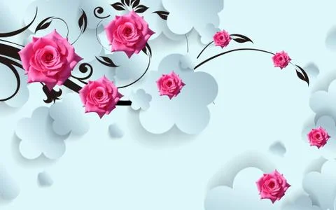3d illustration, light background, paper figures, buds of pink roses Stock Illustration