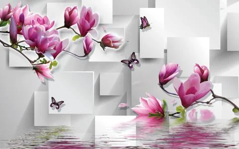 3d illustration, light background, rectangles, butterflies, magnolia イラスト素材