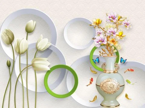 3d illustration, light background, rings, tulips, vase, flowers, fish Stock Illustration