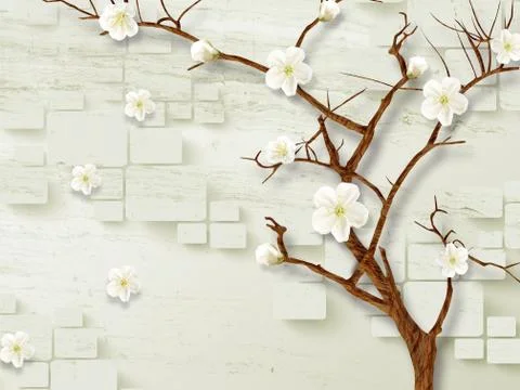 3d illustration, light background, rounded rectangles, blooming cherry tree Stock Illustration