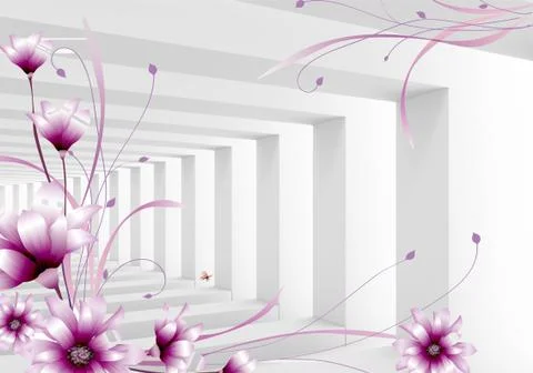 3d illustration, light background, square columns, purple fabulous flowers Stock Illustration