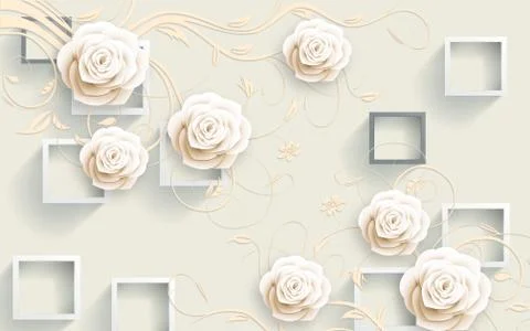 3d illustration, light background, square frames, beige paper rosebuds Stock Illustration