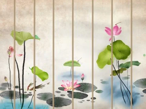 3d illustration, light background, vertical lines, pink water lilies Stock Illustration