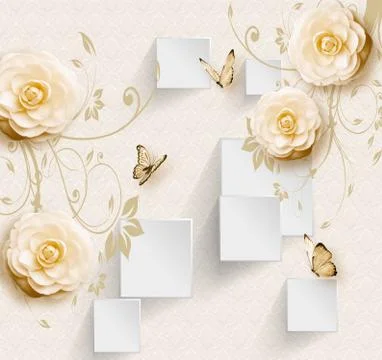 3d illustration, light background, white rectangles and beige flowers Stock Illustration