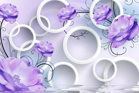3d illustration, light background, white rings, purple flowers Stock Illustration