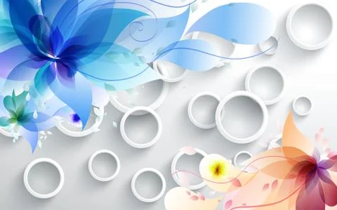 3d illustration, light background, white rings, colorful fabulous flowers Stock Illustration