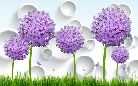 3D illustration, light background, white rings, grass, purple flower balls Stock Illustration