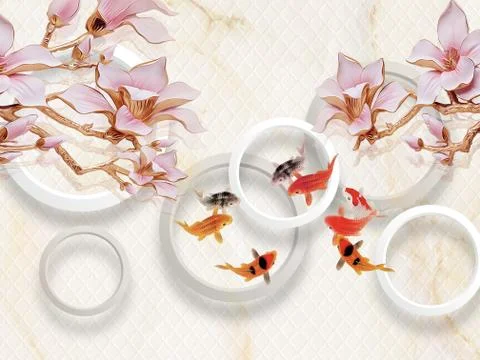 3d illustration, light background, white rings, large pink lilies, colorful fish Stock Illustration