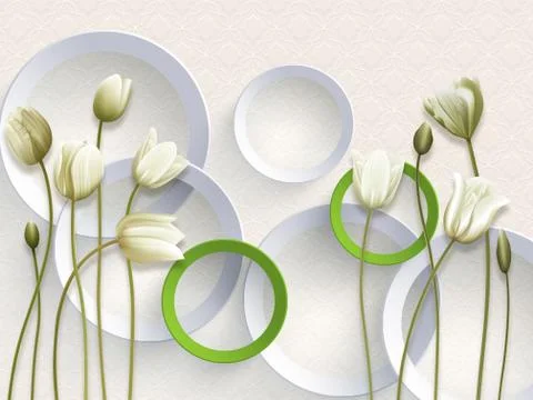 3d illustration, light background, white and green rings, white tulips Stock Illustration