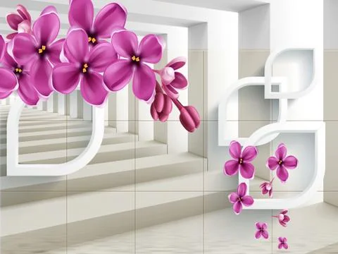 3d illustration, light background, white columns, large pink flower buds Stock Illustration