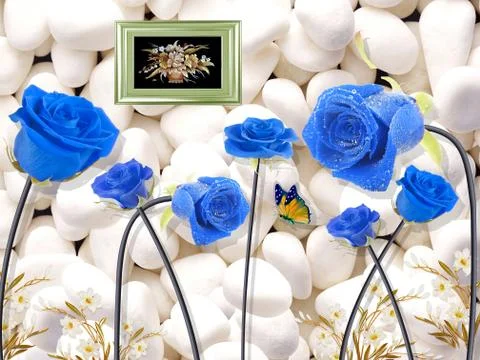 3d illustration, light background, white stones, large blue roses Stock Illustration