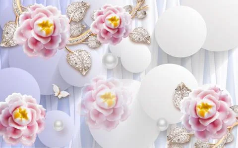 3d illustration, light background, white balls, abstract pink ceramic flowers Stock Illustration