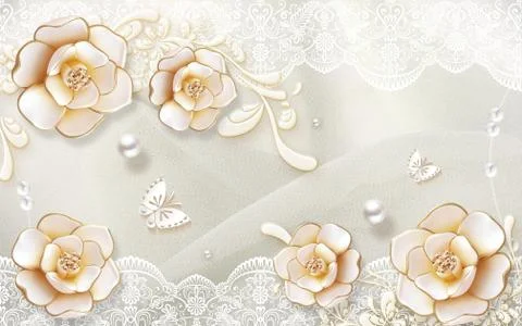 3d illustration, light background, white ornament, pearls, beige gilded roses Stock Illustration