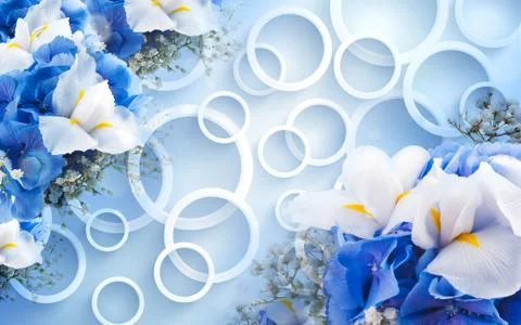 3d illustration, light blue background, white rings, blue and white flowers Stock Illustration