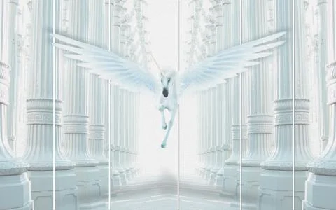 3d illustration, light, embossed columns, a large white unicorn with wings Stock Illustration