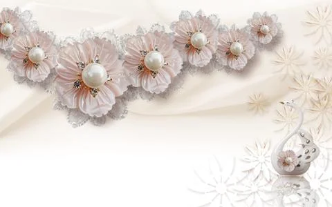 3d illustration, light fabric background, light pearl flowers, ceramic swan Stock Illustration