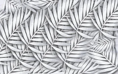 3d illustration, light gray tropical leaves on a white background Stock Illustration