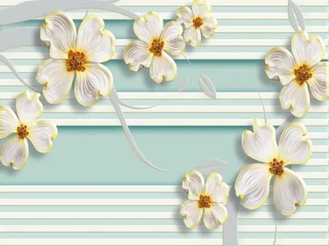 3d illustration, light green background, white horizontal stripes, flower buds Stock Illustration