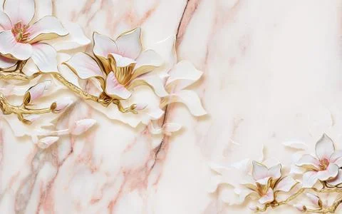 3d illustration, light marble background, large gilded pink flowers Stock Illustration