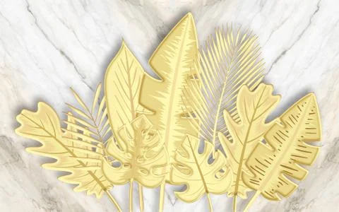 3d illustration, light marble background, large yellow tropical leaves Stock Illustration