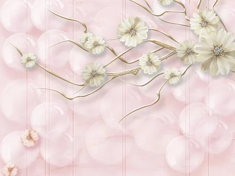 3d illustration, light pink background, bubbles, fabulous gold plated flowers Stock Illustration
