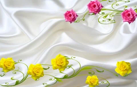 3d illustration, light silk background, large yellow and pink roses Stock Illustration