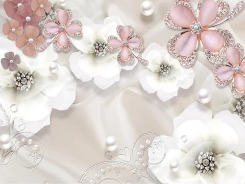 3d illustration, light silk background, white and pink flower buds Stock Illustration
