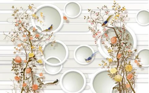 3d illustration, light striped background, white rings, peonies on branches Stock Illustration
