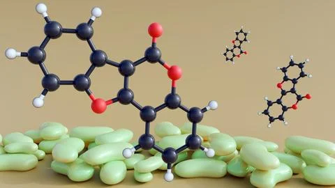 A 3d illustration of lima beans with molecular structure of Coumestan Stock Illustration