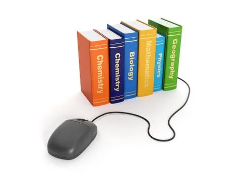 3d illustration: on-line learning. group of school textbooks and computer mou Stock Illustration