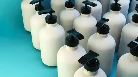 3d Illustration liquid soap white bottles top view. White plastic soap bottles Stock Illustration