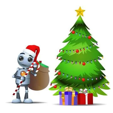 3D illustration of a little robot worker stand besides christmas tree Stock Illustration
