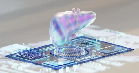 3D illustration of a liver on a digital tablet containing medical data Stock Illustration
