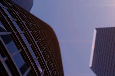 3D illustration Low angle view of skyscrapers. Skyscrapers at sunset looking up Illustrazione stock