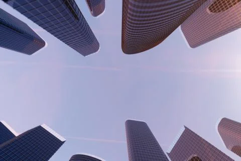 3D illustration Low angle view of skyscrapers. Skyscrapers at sunset looking up イラスト素材