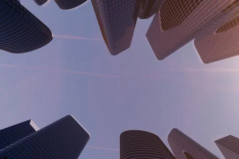 3D illustration Low angle view of skyscrapers. Skyscrapers at sunset looking up Stock Illustration