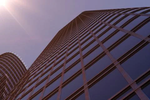 3D illustration Low angle view of skyscrapers. Skyscrapers at sunset looking up Stock Illustration