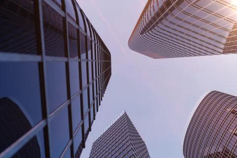 3D illustration Low angle view of skyscrapers. Skyscrapers at sunset looking up Stock Illustration