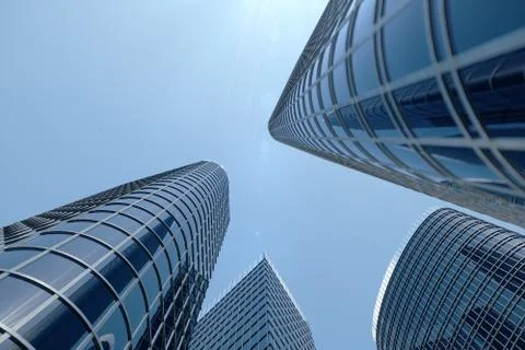 3D illustration Low angle view of skyscrapers. Skyscrapers at in day looking up Stock Illustration