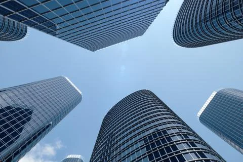3D illustration Low angle view of skyscrapers. Skyscrapers at in day looking up Stock Illustration