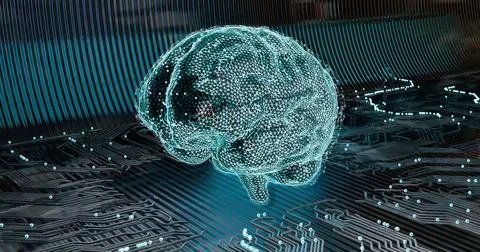 3d illustration low-poly frame of a digital brain with neon illumination Stock Illustration