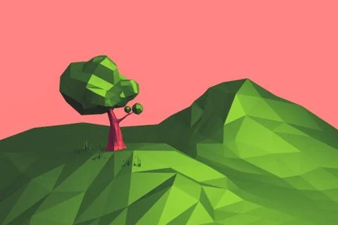 3d illustration low poly landscape tree and mountain. Stock Illustration