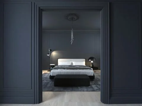 3D illustration luxury minimal black bedroom with wood floor Stock Illustration