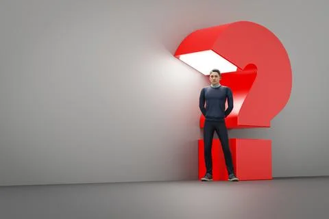 3D illustration of a man with huge red question mark against gray background 스톡 일러스트