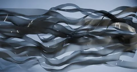 3D illustration many thin ribbons of silver-colored fabric on a blue backgro Stock Illustration