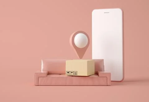 3D Illustration. Map pointer with cardboard box. 스톡 사진